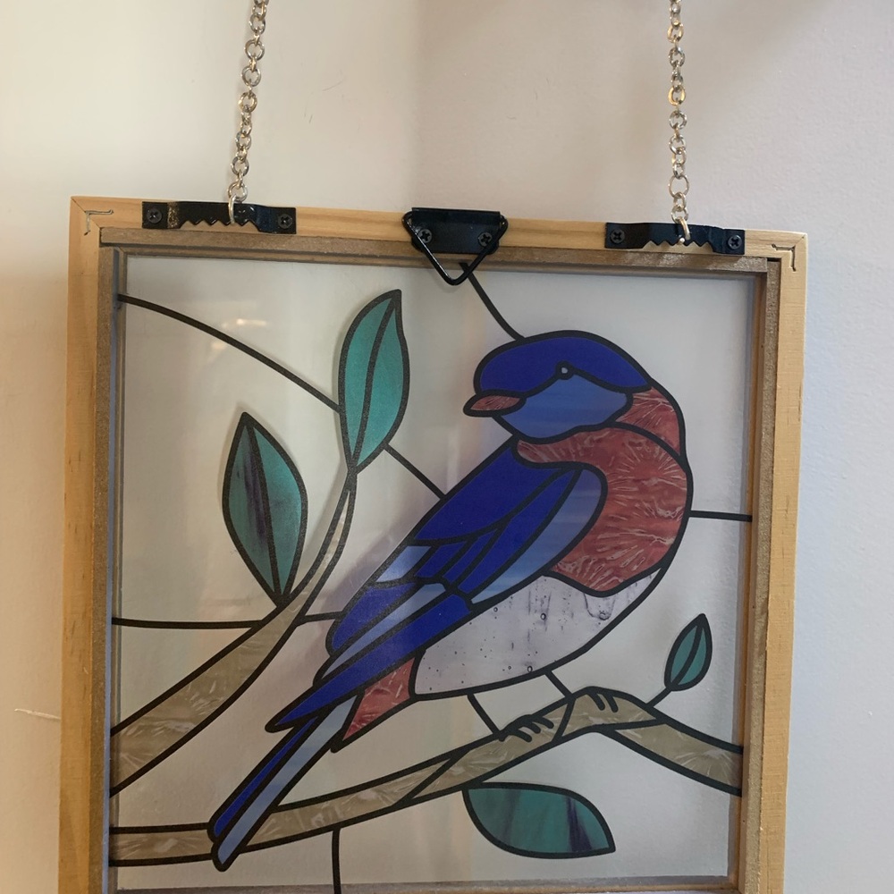 Vibrant Stained Glass Bird Art in Rustic Frame - Picture 2 of 4